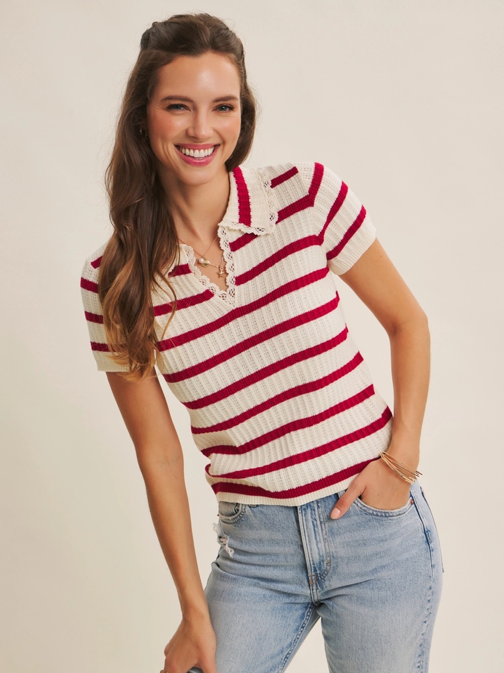 Sweet Timeless Delicate Crochet Pointelle Stripe Sweater Top Size Medium